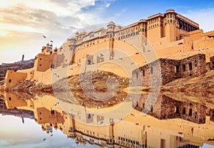 Amer Fort Jaipur Rajasthan with water reflection. A UNESCO World Heritage site.