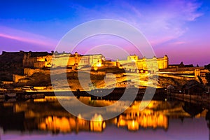 Amer Fort at night in twilight. Jaipur, Rajastan