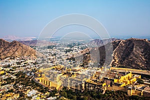 Amer Fort. In northern suburb of Jaipur, on the crest of a rocky hill behind Lake Maota.