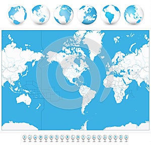 America Centered Blank World Map and 3D globes and navigation