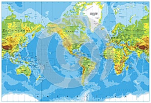 America Centered Physical World Map