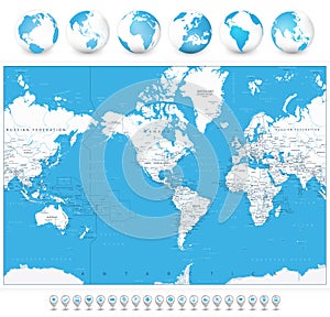 America Centered World Map and 3D globes and navigation icons