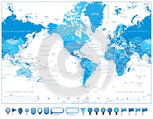 America Centered World Map Blue Color and 3D glossy icons