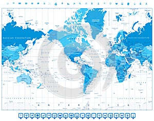 America Centered World Map Blue Color and flat icons