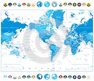 America Centered World Map Blue Color and round flat icons