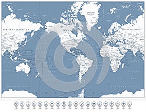America Centered World Map and 3D navigation icons
