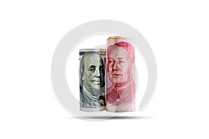 America dollar and Yuan banknote with USA and China flags. Its is symbol for tariff trade war crisis between biggest economic