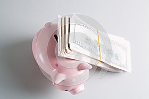 America dollars banknotes money into piggy bank