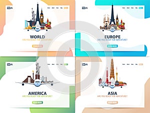 America, Europe, Asia, World. Set of Travel banners or web template for web site or landing page. Time to travel. Vector UI.