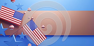 America flag with 4th july day concept, 3d rendering illustration, american day celebration, empty blank space banner ads, Indepen