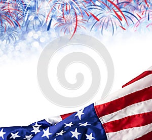 America flag and bokeh background with firework and copy space