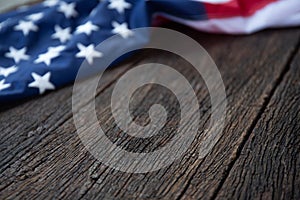 America flag waving pattern on wooden background in table top view, red blue white strip concept for USA 4th july independence day