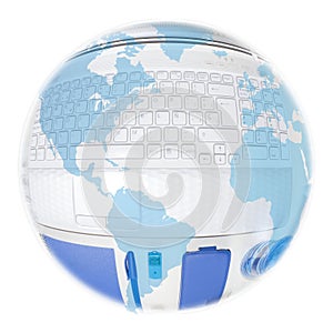 America globe over a laptop and blue things