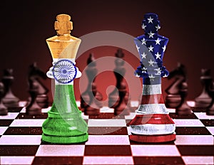 America and India trade relations, cooperation strategy. US America and China flags on chess kings on a chess board. 3d