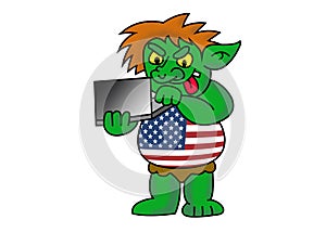 America internet troll. Funny cartoon illustration of green USA computer hacker with t-shirt like the American flag.