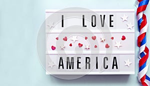 America love logo. I love America written in light box  Happy Independence Day of United States