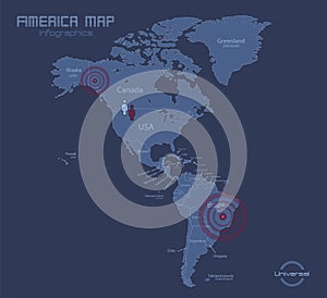 America map, with names of individual states, infographics blue flat design