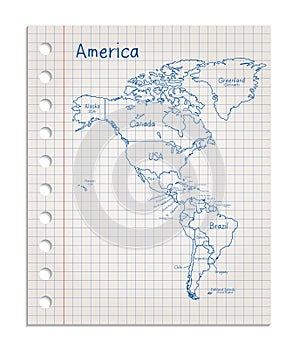 America map on a realistic squared sheet of paper torn from a block