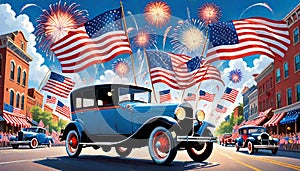 America patriotism flag fireworks parade antique car