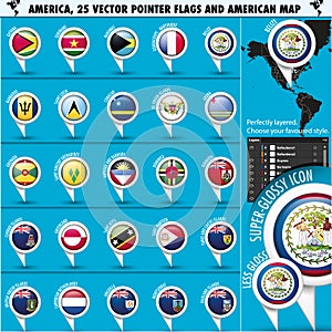 America Pointer Flag Icons with american Map set2