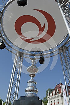 America's Cup Trophy under Alinghi logo