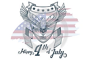 America`s Independence Day. Traditional Symbols of America. Bald eagle logo. Happy Independence Day. American flag.