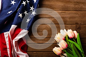 America United States flag and tulip flower