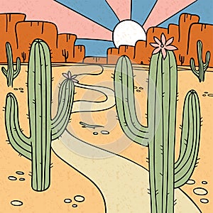 America wild west nature dusty desert landscape with arizona prairie, cactuses and canyon rocks. Outline vector hand