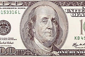 American 100 dollars bill, 100 bucks, one hundred US dollars bank note. portrait of Benjamin franklin on the largest