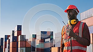 American African engineer or factory worker man using walkie talkie and check up goods at container cargo harbor