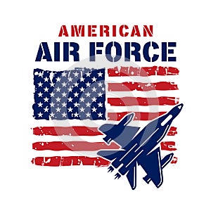 American air force vector illustration in colored style with USA flag and fighter aircraft