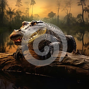 American Alligator basking on log Okefenokee Swamp National Wildlife Refuge