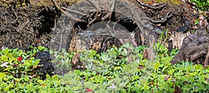 American Alligator mother suns itself while its young crawl around the roots of the dead tree