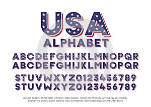 American alphabet with usa flag colors and star shapes. Vector font for united states of america related concept
