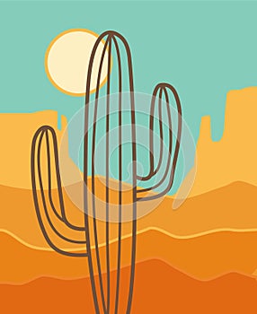 American Arizona desert poster. Vector desert landscape illustration with cactus, mountains and sun