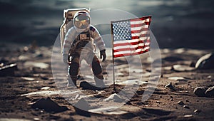 An American astronaut with an American flag on the surface of the moon against a background of stars and outer space