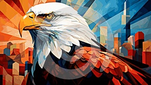 American bald eagle against the backdrop of a metropolis