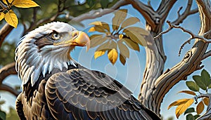 American bald eagle bird predator carnivore alert posture tree