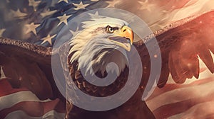 American Bald Eagle with flag. United States of America patriotic symbols.