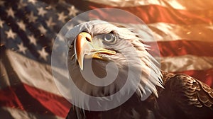 American Bald Eagle with flag. United States of America patriotic symbols.