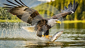 American Bald Eagle Flying and Catching a Fish - Generative Ai