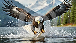 American Bald Eagle Flying and Catching a Fish - Generative Ai