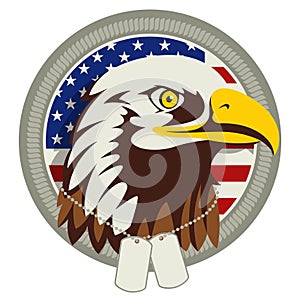 American bald eagle head wearing military dog tag