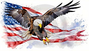 An American Bald Eagle swooping down against a backdrop of the American flag. Watercolour illustration.