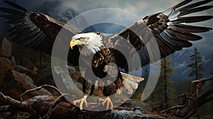 American bald eagle with wings spread and perched on branch against background. generative ai