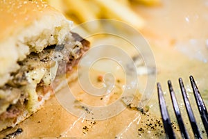 american beef hamburger with cheese and french fries at beautiful fast food and cafe bistro.delicious low price hamburger in