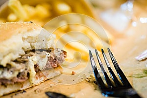 american beef hamburger with cheese and french fries at beautiful fast food and cafe bistro.delicious low price hamburger in