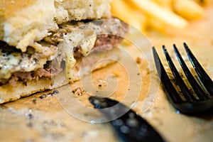 american beef hamburger with cheese and french fries at beautiful fast food and cafe bistro.delicious low price hamburger in