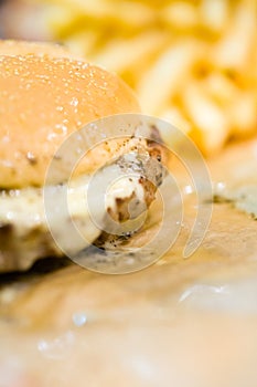 american beef hamburger with cheese and french fries at beautiful fast food and cafe bistro.delicious low price hamburger in