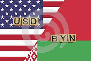 American and Belarusian currencies codes on national flags background photo